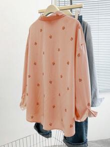 SHEIN LUNE Elegant Commuting Minimalist Striped Print Shirt Collar Long Sleeve Blouse, Fashion & Versatile, Spring/Summer/Autumn, Plus Size, Black & White - Orange - View 2