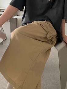 DAZY Quần ống rộng cạp chun siêu rộng cho nữ, quần short Bermuda, mọi mùa - Màu Khaki - Xem 9