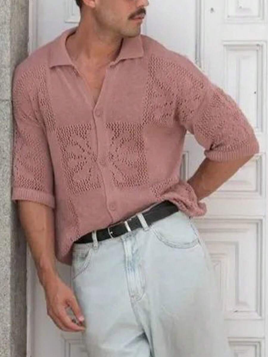 Manfinity Homme 男式前扣短袖休闲针织上衣