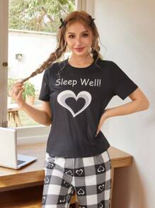 SHEIN Leap Crew 2pcs Teen Girls Simple Heart Print Round Neck Short Sleeve T-Shirt + Plaid Pattern Loose Fit Straight Leg Pajama Pants, Flameproof Sleepwear Set - Black and White - View 3