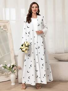 Al Najma Women Star & Moon Print Long Style Abaya Robe,Modest - White - View 1