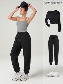 GLOWMODE 4.3" FeatherFit™-Air Sweat-Wicking Quick-Dry Tummy Control Corset Round-Neck Crossover Back Bodysuit Jumpsuit Romper With Side Pockets Low Impact Yoga Pilates Studio Daily Casual Wear Removable Cups - Grey - View 8