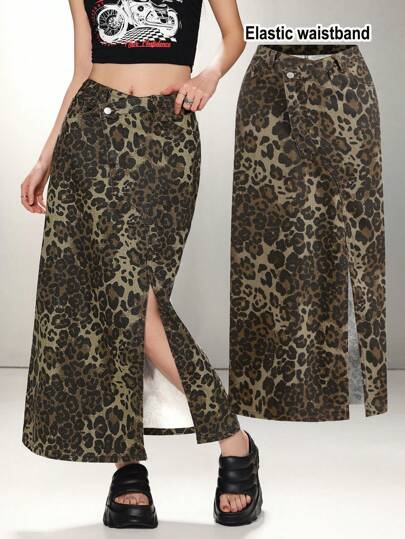 SHEIN MOD 大码牛仔迷你裙和豹纹休闲修身长裙