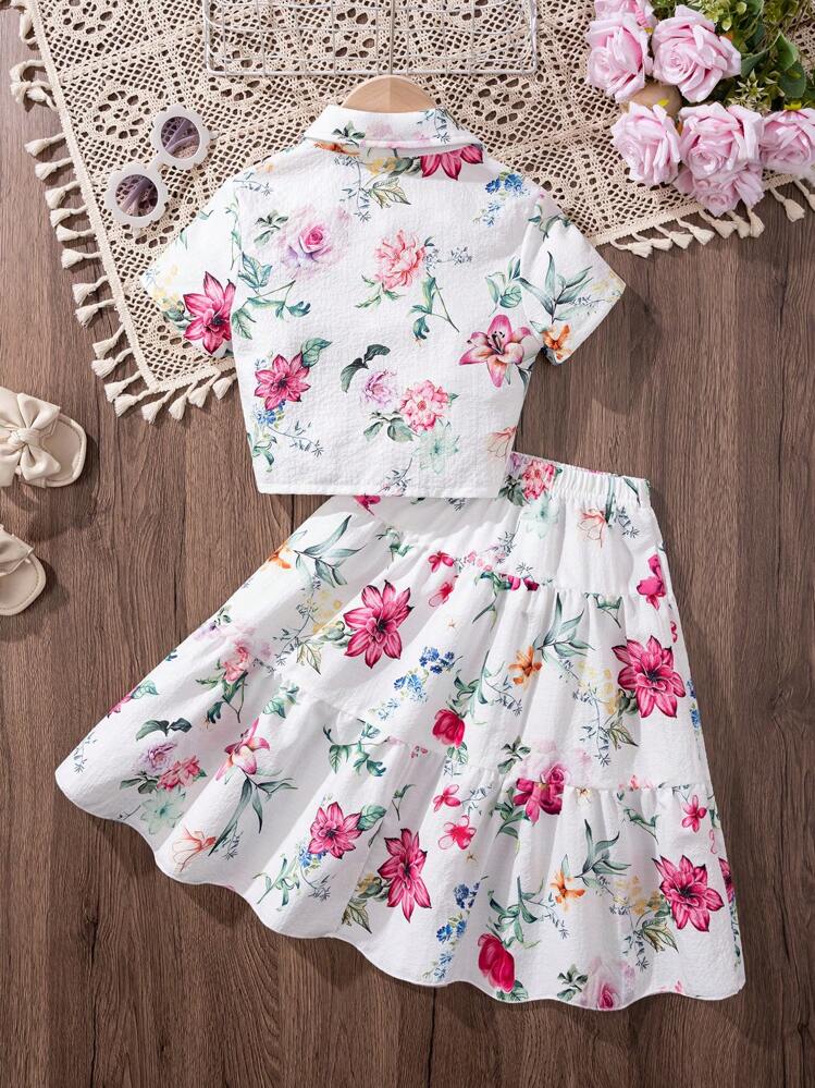 SHEIN 2pcs/Set Young Girl Floral Print Hem Twist Front Collar Blouse And Floral Maxi Skirt, Suitable For Beach Holiday, Summer - Multicolor - View 2