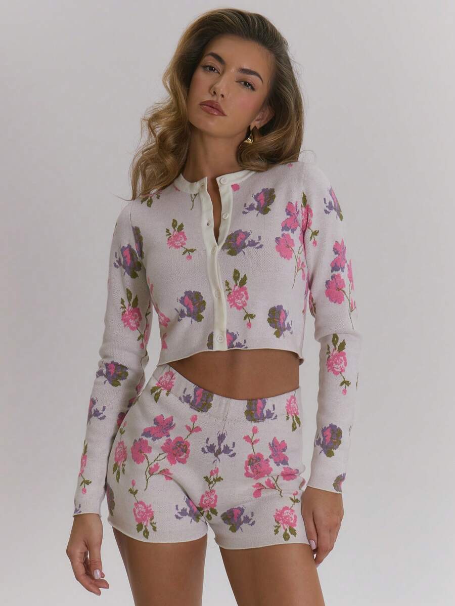 MUSERA Floral Knit Button Up Cropped Cardigan Evening Party Elegant - Cream - View 1