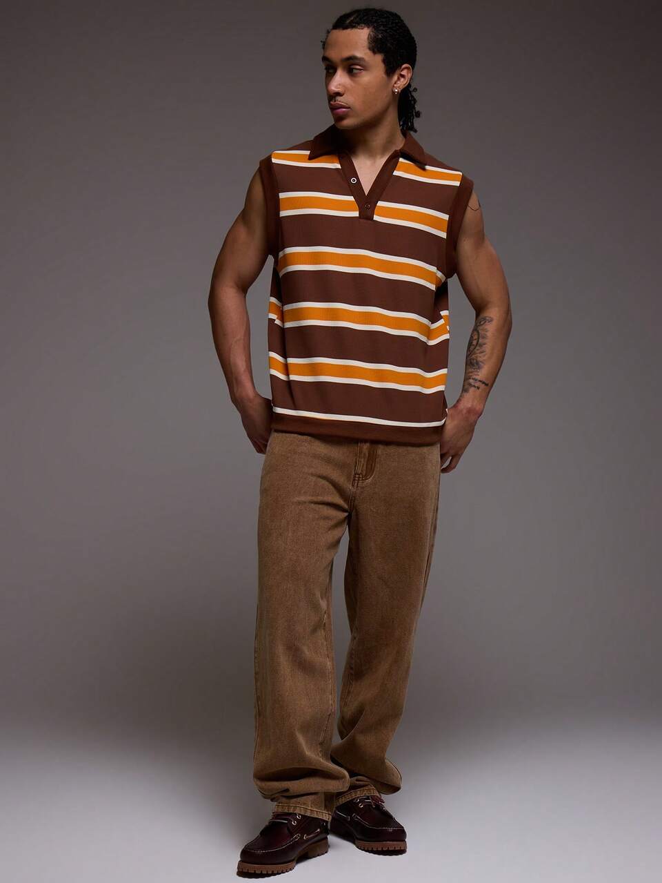 Contrast Panel Stripe Sleeveless Button Up Polo Top Spring Summer