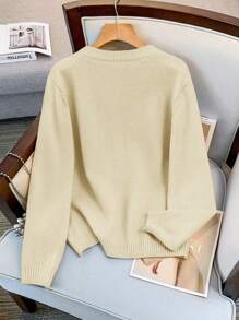 SHEIN LUNE Women Plus Size Casual V-Neck Single-Breasted Long Sleeve Cardigan, Elegant Design Fall Winter Cloth For Women Autumn - Apricot - View 2