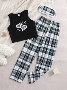 3 件套青少年女孩休闲黑白格子心形印花吊带背心、裤子和眼罩舒适睡衣套装 - 黑與白 - 查看 3