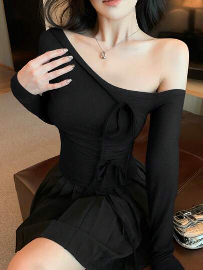 DAZY Camiseta de manga larga con cuello asimétrico y lazo, unicolor, informal, para mujer, ropa de mujer de otoño