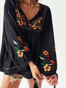 Bohemela Blusa de mujer de manga larga y cuello en V lisa y tejida para vacaciones
