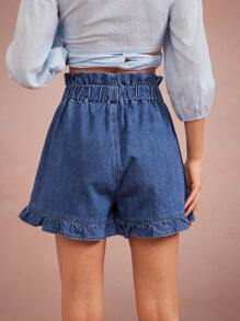 WESTFADE High Rise Smocked Waist Loose Fit Western Ruffle Denim Shorts Summer Beach Vacation