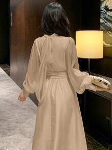 DAZY 女士宴会/约会系带宽松中长款连衣裙舞会礼服优雅秋季连衣裙 - 杏色 - 查看 3