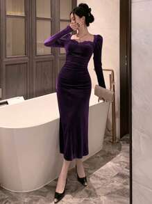 DAZY Đầm tay bồng phối ren cổ tim cho nữ, trang trọng, thanh lịch cho mùa thu đông trở lại trường - Màu tím - Xem 4