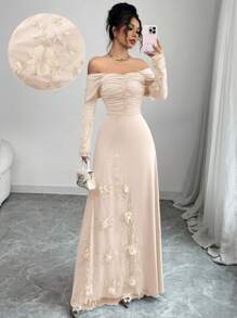 Modelyn Mesh Off-Shoulder plissiertes figurbetont langes Kleid mit Ärmeln für Damen