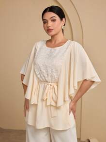 Seusyu Women's Lace Insert Round Neck Batwing Sleeve Belt Blouse - Multicolor - View 2