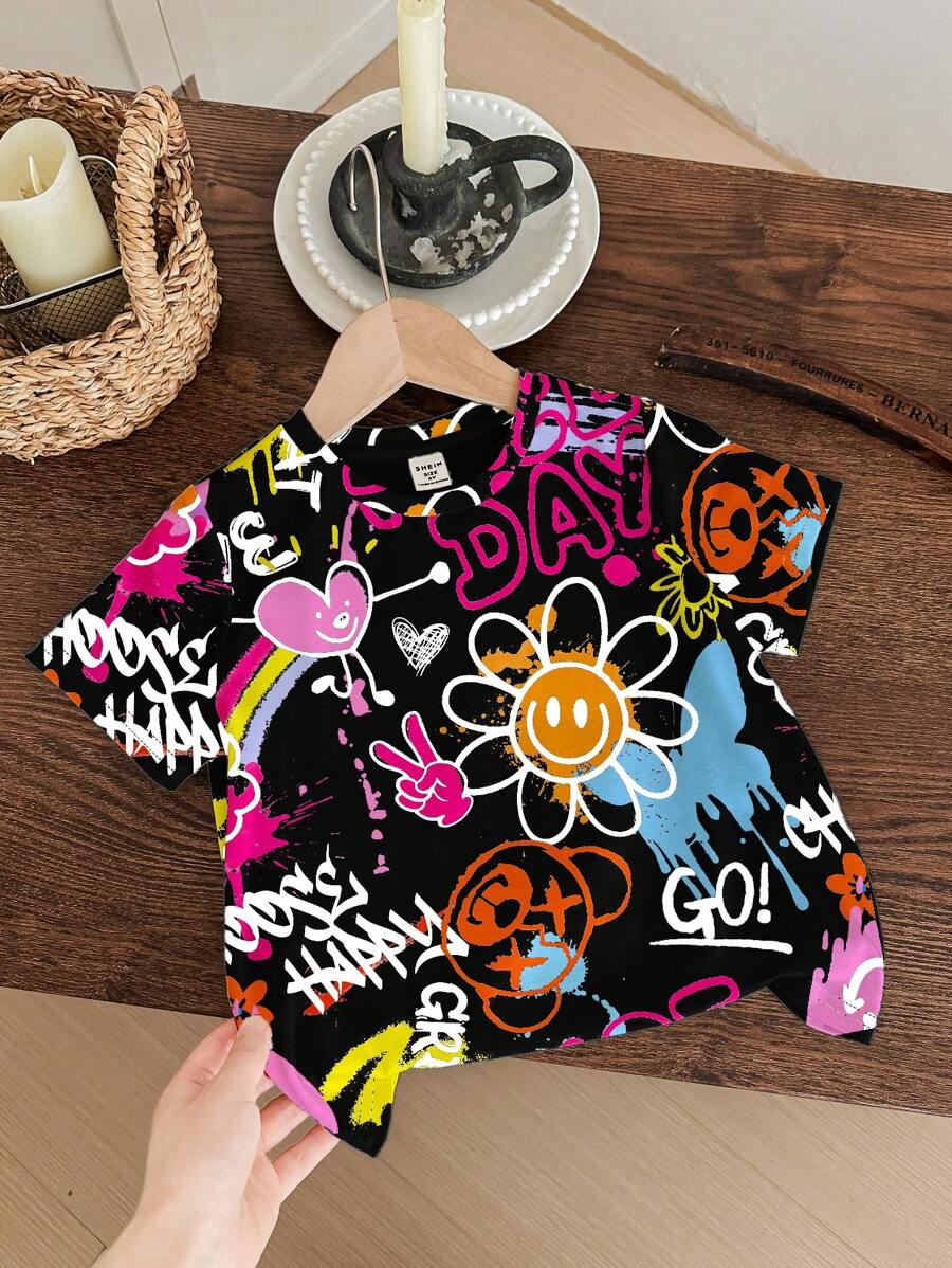 Young Girl Casual Minimalist Round Neck Short Sleeve T-Shirt, Suitable For Summer - White - View 1