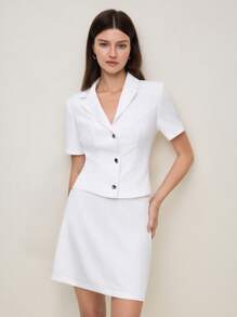 BizChic White Elegant Office Wear Ladies Short Sleeve Button Blazer Suit Set, Suitable For Spring/Summer And Graduation Season - White - View 1