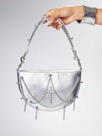 Grunge Punk Sac à épaule en PU argent avec décoration de chaîne argent
