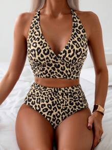 Swim Lushoire 女式夏季海滩度假豹纹V领比基尼两件套泳衣 - 彩色 - 查看 4