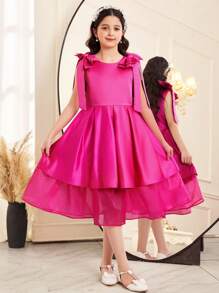 SHEIN Tween Girls' Elegant Fitted Minimalist Sweet Round Neck Sleeveless Detachable Cinched Waist A-Line Dress - Hot Pink - View 1