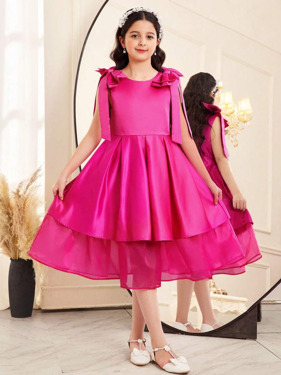 SHEIN Tween Girls' Elegant Fitted Minimalist Sweet Round Neck Sleeveless Detachable Cinched Waist A-Line Dress - Hot Pink - View 1