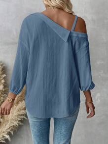 SHEIN Essnce Blusa holgada y casual de estilo callejero con hombros caídos, cuello asimétrico y unicolor, para primavera y verano, nueva moda