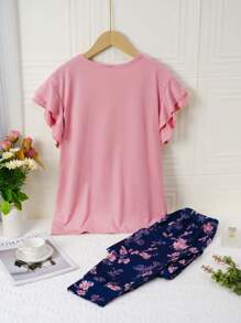 Set de pijama de 2 piezas para mujer con blusa de unicolor rosa de manga corta y pantalones 3/4 impresos con flores
