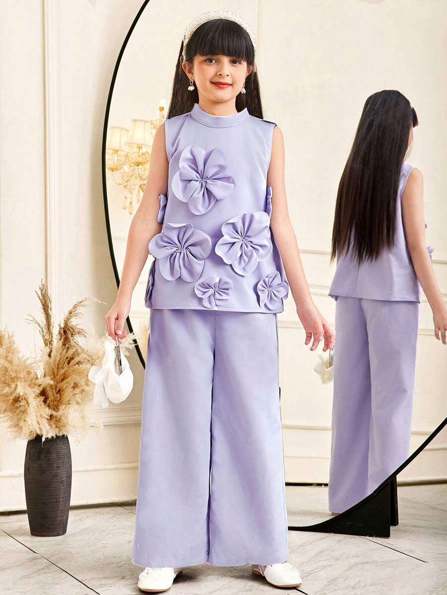 SHEIN 2pcs Tween Girl Elegant Collared Tank Top With 3D Floral Decor & Matching Pants Set - Purple - View 1