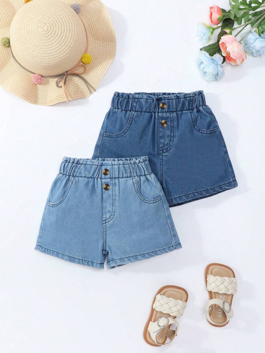 2pcs/Set Girls Casual Simple Versatile Loose Comfortable Denim Shorts, Light Blue & Medium Blue Washed With Ruffle Waistband, Summer 2025 New Arrivals, Suitable For Everyday Wear & Leisure Activities, School, Campus, College - Multicolor - View 1