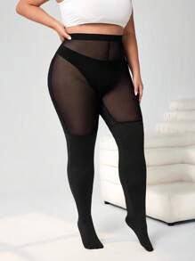 SHEIN CURVE+ Damen Große Größen, Valentinstag, Valentinstags Strümpfe, Schwarze Strumpfhosen in Große Größen, Rutschfeste Oberschenkelhohe Strümpfe, Schwarze Mesh-Patchwork Leggings für den täglichen Gebrauch, einfach modisch, Frühlings-Sommer Kleidung