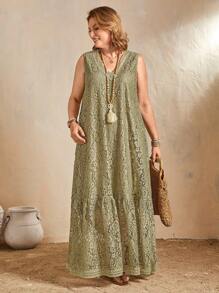 EMERY ROSE Women's Elegant V-Neck Sleeveless Lace Dress - Green - View 5