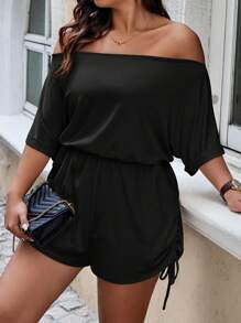 Calvaya Plus Size Solid Off Shoulder Batwing Sleeve Drawstring Waist Loose Casual Romper - Black - View 1