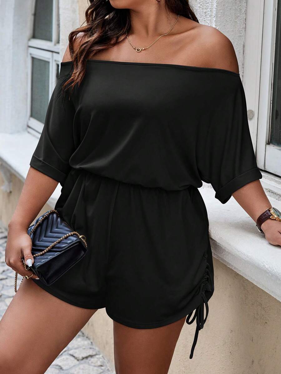 Calvaya Plus Size Solid Off Shoulder Batwing Sleeve Drawstring Waist Loose Casual Romper - Black - View 1