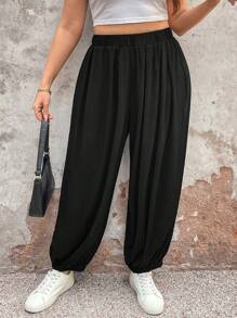 EMERY ROSE Plus Size Damer Casual Enfärgad Ribbade elastiska midja byxor - Svart - Visa 4