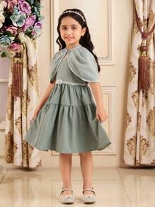 SHEIN 2pcs/Set Young Girl Gorgeous Princess Dress With Shiny Mesh Cape, Bow Waist Belt, Luxury High-End Summer Cover-Up