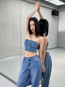 SHEIN EZwear 女士性感紧身弹力露肩牛仔上衣，蓝色 - 中等水洗藍 - 查看 3