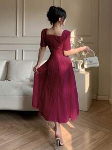 DAZY Women's Elegant Solid Color Textured Waist Dress Summer Elegant Sundress