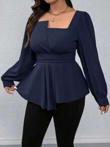 Calvaya Kemeja Kasual Wanita Ukuran Plus dengan Bahu Asimetris, Kerah Bulat, Hem Berkerut, dan Lengan Lentera yang Diikat, Cocok untuk Perjalanan Musim Gugur. - Navy Blue - View 4