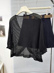 Calvaya Plus Size Casual French Style Black Frill Trim Tie Front Cropped Lightweight Cardigan - Black - View 2