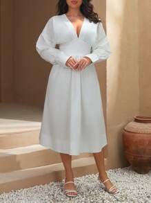 SHEIN Cottnline Plus Women's Solid Color Deep V-Neck Long Sleeve Belted Dress - White - View 1