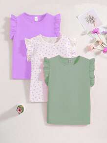 SHEIN Vintaside Kids 3pcs Set Tween Girl Cute Casual Multicolor Love Print Knit Tank Top, Spring,Holiday,Summer,Travel, School, Campus, College - Purple - View 1