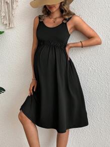 SHEIN 纯色褶皱休闲中长款孕妇连衣裙，夏季 - 黑色 - 查看 4