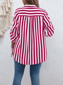 Calvaya Plus Size Vacation Casual Striped Notched Neck Roll Up Sleeve Shirt - Hot Pink - View 4