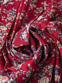 DreamSkyne 大码女式碎花荷叶边圆领长袖褶皱优雅连衣裙，秋季长款女装 - 紅色 - 查看 5