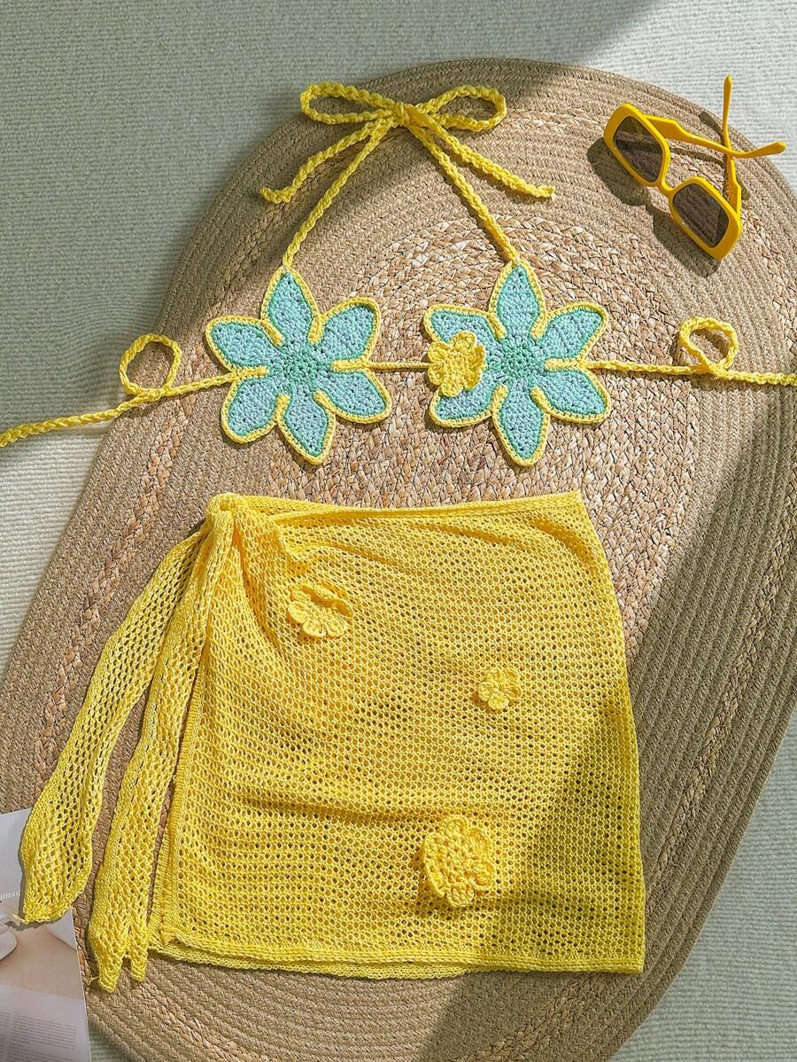 SHEIN Swim Mod 女士迷人花卉钩编披肩/罩衫，搭配裙子 - 彩色 - 查看 1