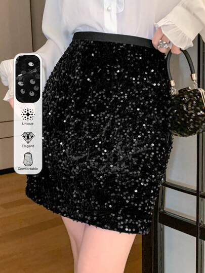 DAZY Minifalda con lentejuelas de unicolor y elegante para mujer, ropa de otoño e invierno, nuevas faldas para mujeres, conjunto de Año Nuevo y carnaval