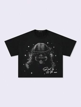 T-shirt ample à manches raglan imprimé Jésus gothique pour hommes, style de rue rétro, Halloween, style années 2000