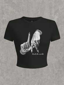 Slaydiva 休闲简约洛杉矶手指手势嘻哈图案印花圆领短袖短款紧身 T 恤，大码女款，适合夏季