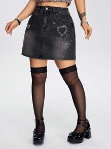 ROMWE Kawaii Váy denim mùa hè dành cho nữ có thêu hình trái tim và trang trí bằng kim cương giả - Xám - Xem 5