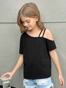 SHEIN Blouse d'une seule épaule à manches courtes en tricot de couleur unie pour fille pré-adolescente, style décontracté de vacances